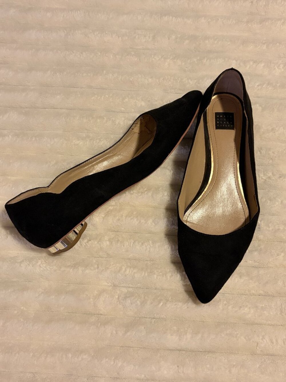 White House Black Market Black Suede Pointed Toe Gold Heel Flats Size 8
